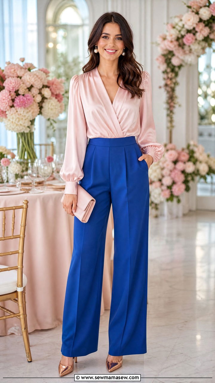 Cobalt Blue Wide Leg Pants With Pale Pink Blouse - 30 Cobalt blue outfit ideas