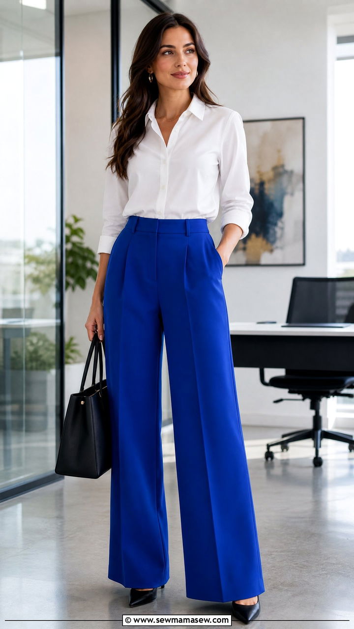 Cobalt Blue Wide Leg Pants With White Button Down - 30 Cobalt blue outfit ideas