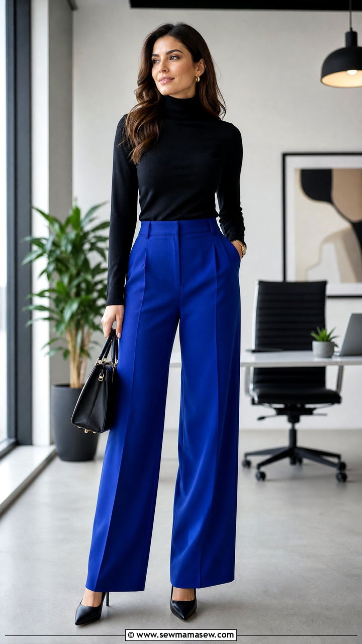 Cobalt Blue Wide Leg Trousers With A Black Turtleneck - 30 Cobalt blue outfit ideas