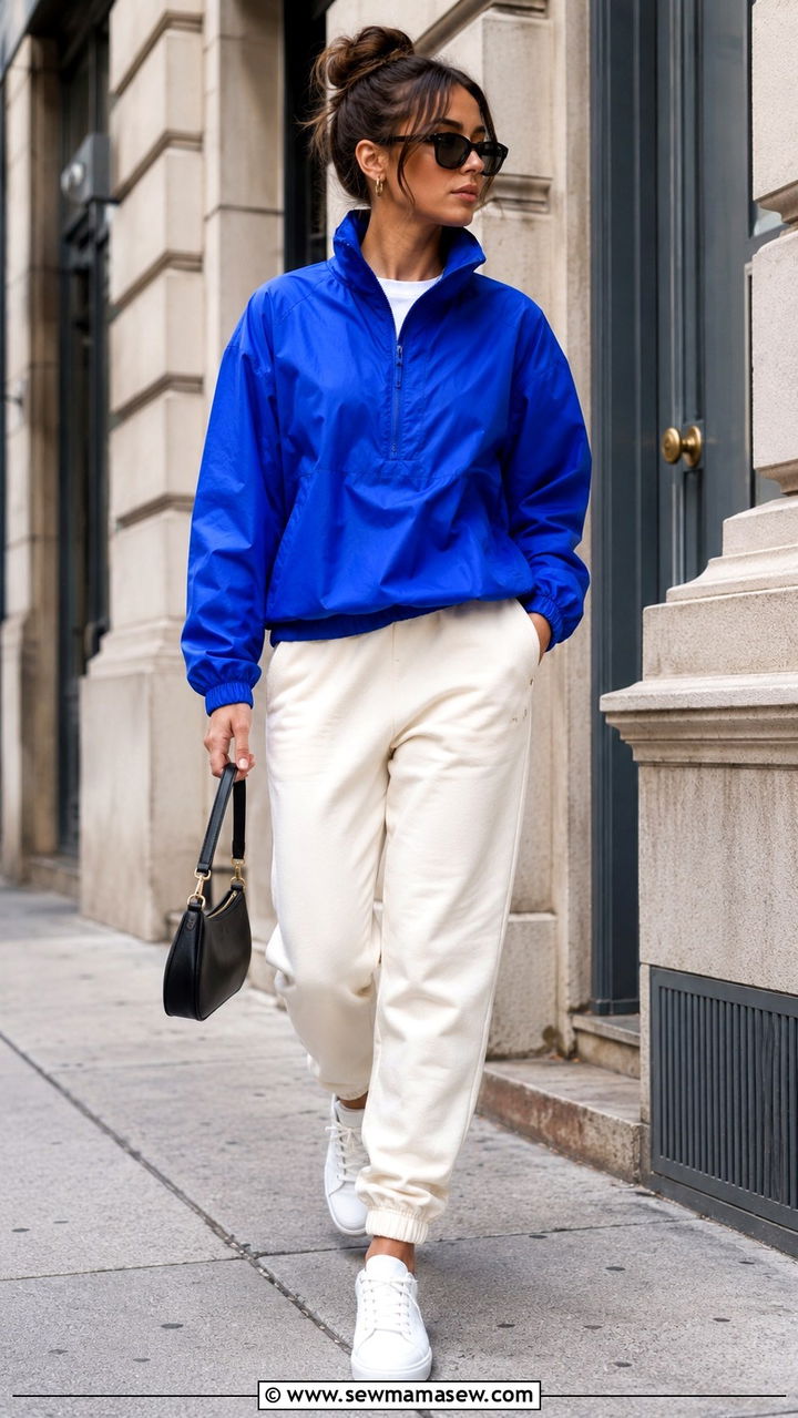 Cobalt Blue Windbreaker With Cream Joggers Outfit - 25 windbreaker outfits aesthetic