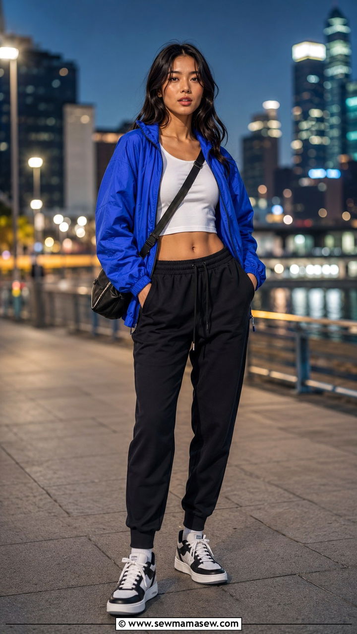 Cobalt Blue Windbreaker With White Crop Top And Black Joggers - 30 casual windbreaker outfits