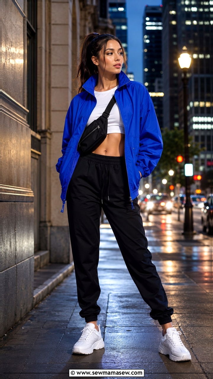 Cobalt Blue Windbreaker With White Crop Top and Black Joggers - 30 cute windbreaker outfits