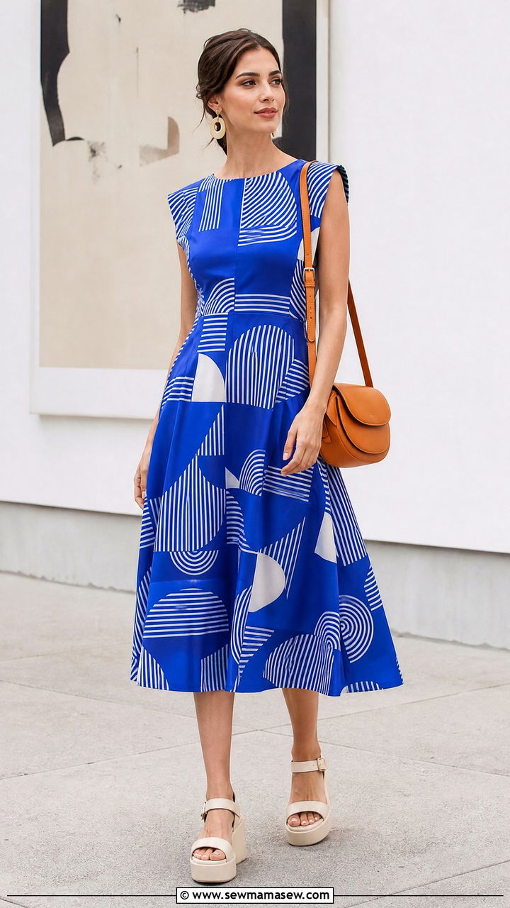 Cobalt blue A line midi dress and cream sandals - 30 Confident summer outfit ideas