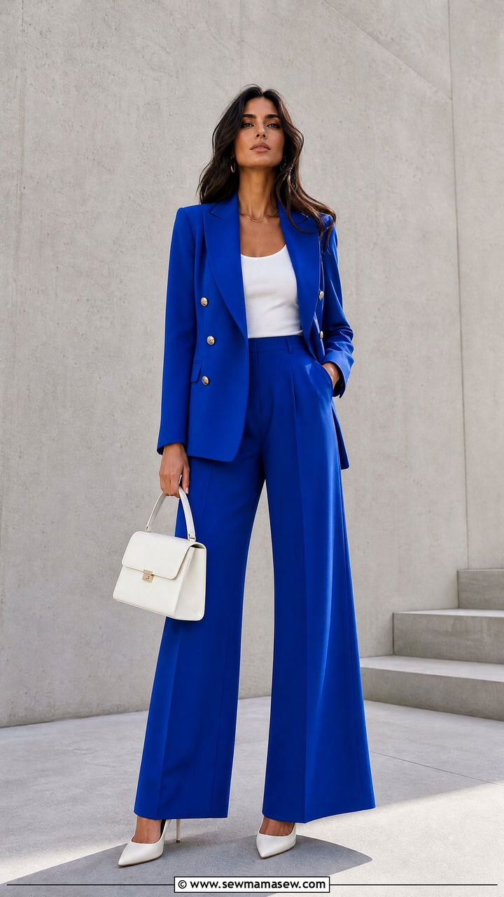 Cobalt blue blazer and wide leg trousers - 25 French girl outfit ideas Emily in Paris style