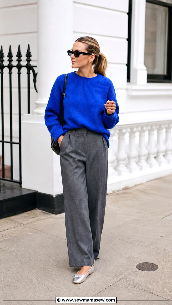 Cobalt blue knit sweater with grey tailored trousers - 30 spring running errands outfit ideas