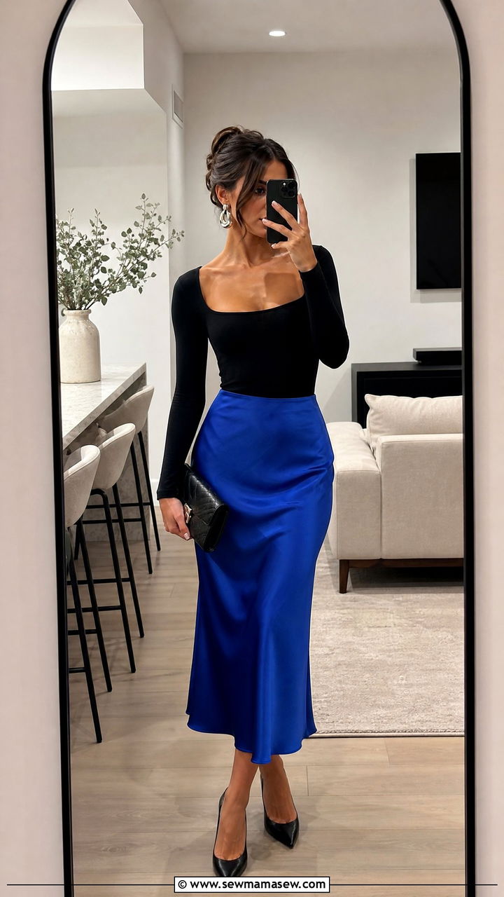 Cobalt blue midi skirt and black top - 35 Jewel tone outfit ideas