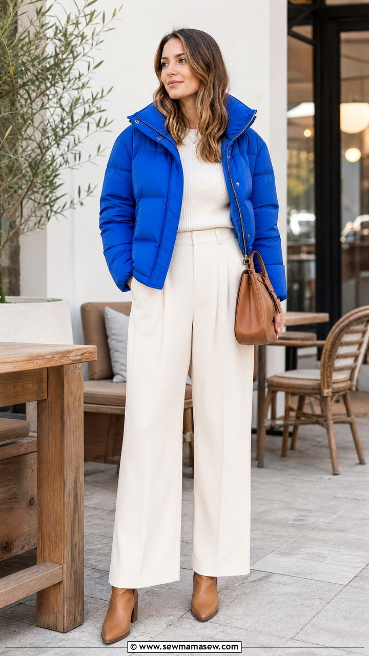 Cobalt blue puffer jacket with cream trousers - 40 Puffer jacket outfit ideas