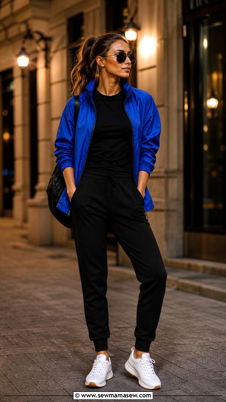 Cobalt blue windbreaker with black joggers outfit - 40 windbreaker outfits