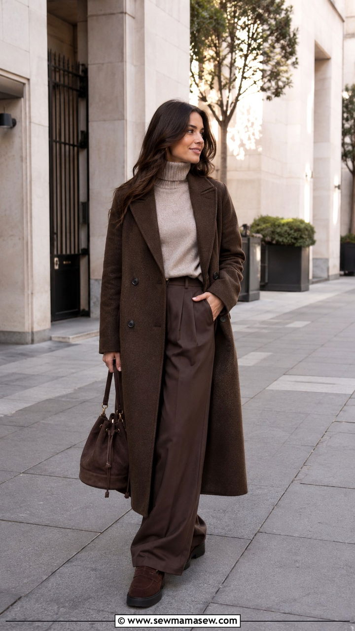 Cocoa brown maxi coat and stone turtleneck outfit - 25 Quiet luxury minimalist outfit ideas
