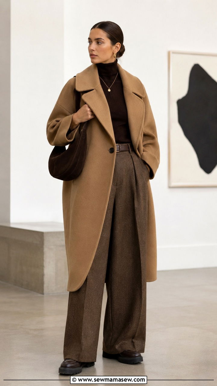 Cocoon Coat With Wide Leg Trousers And Turtleneck - 20 Quiet luxury outfit ideas Max Mara style