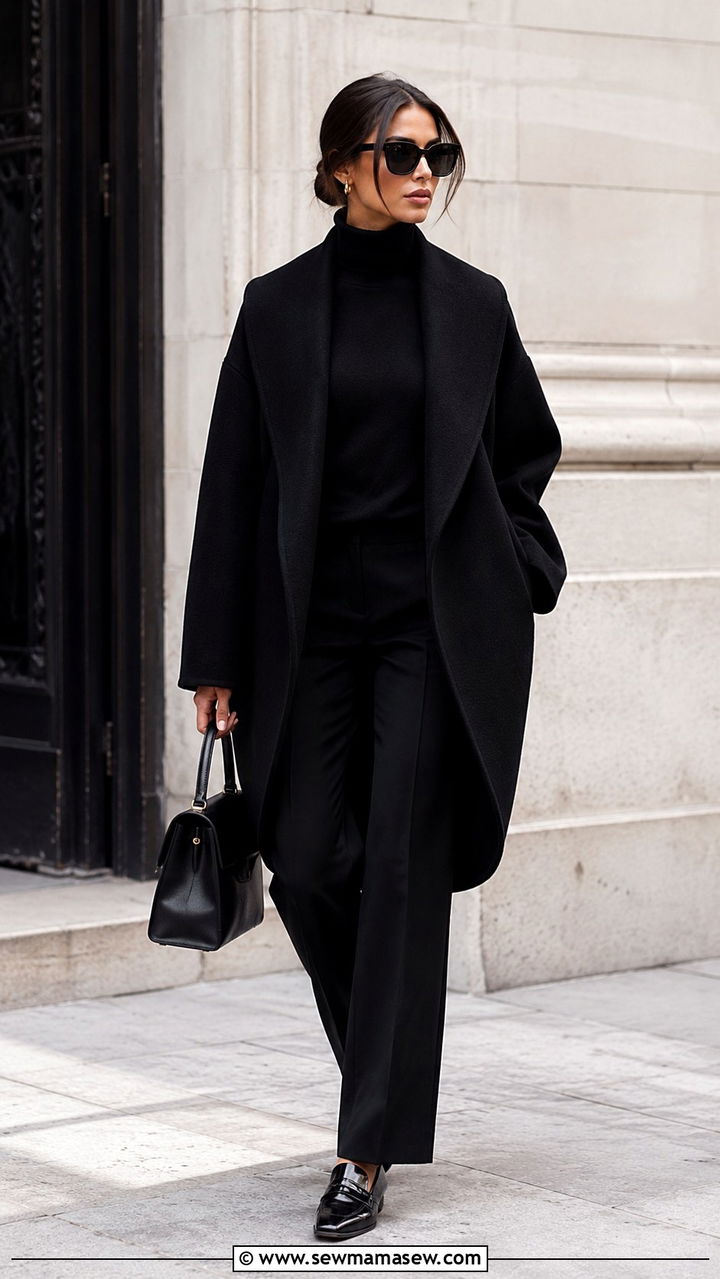 Cocoon Coat with a Tonal All Black Foundation and Loafers - 20 Quiet luxury outfit ideas Khaite style