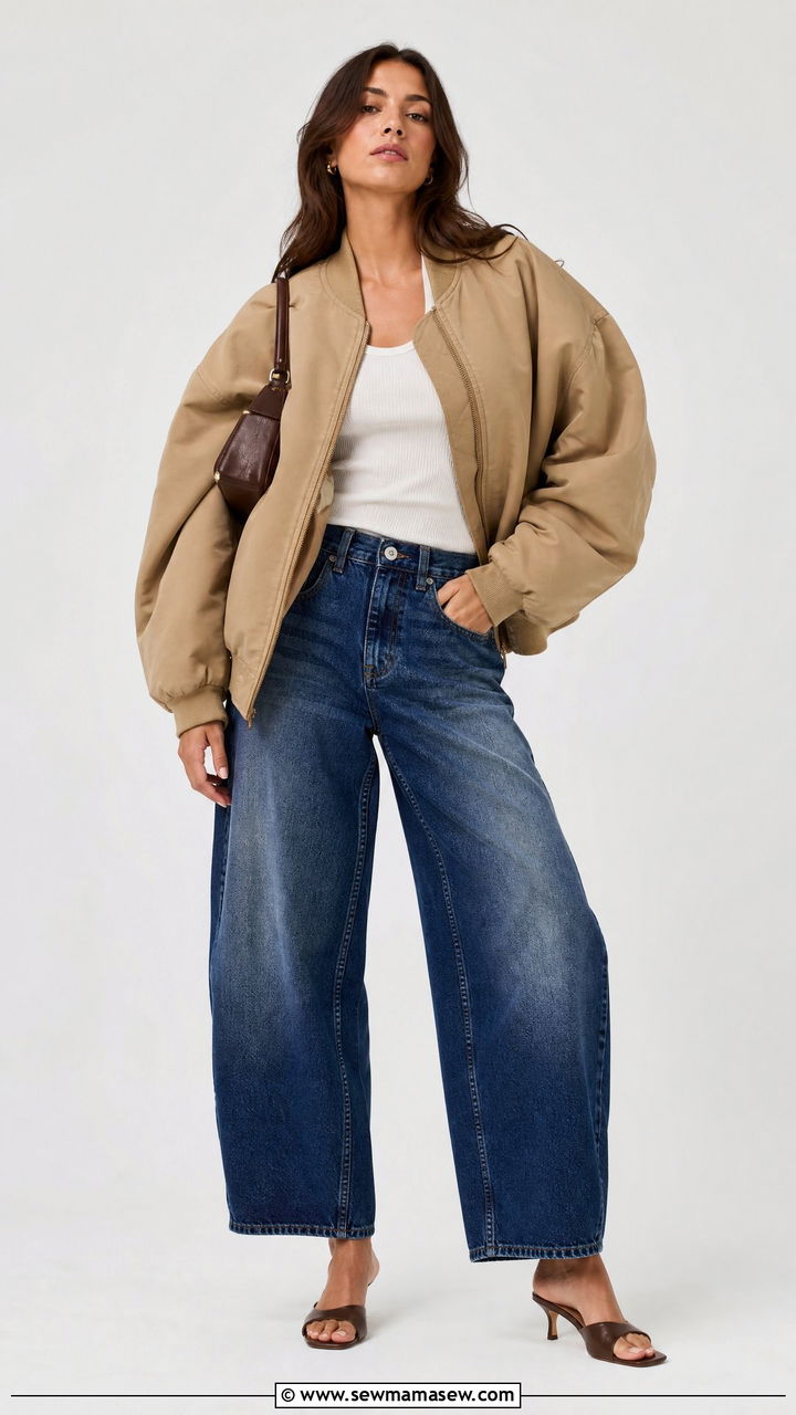 Cocoon Shaped Bomber with Barrel Leg Jeans and Mules - 30 How to style a bomber jacket