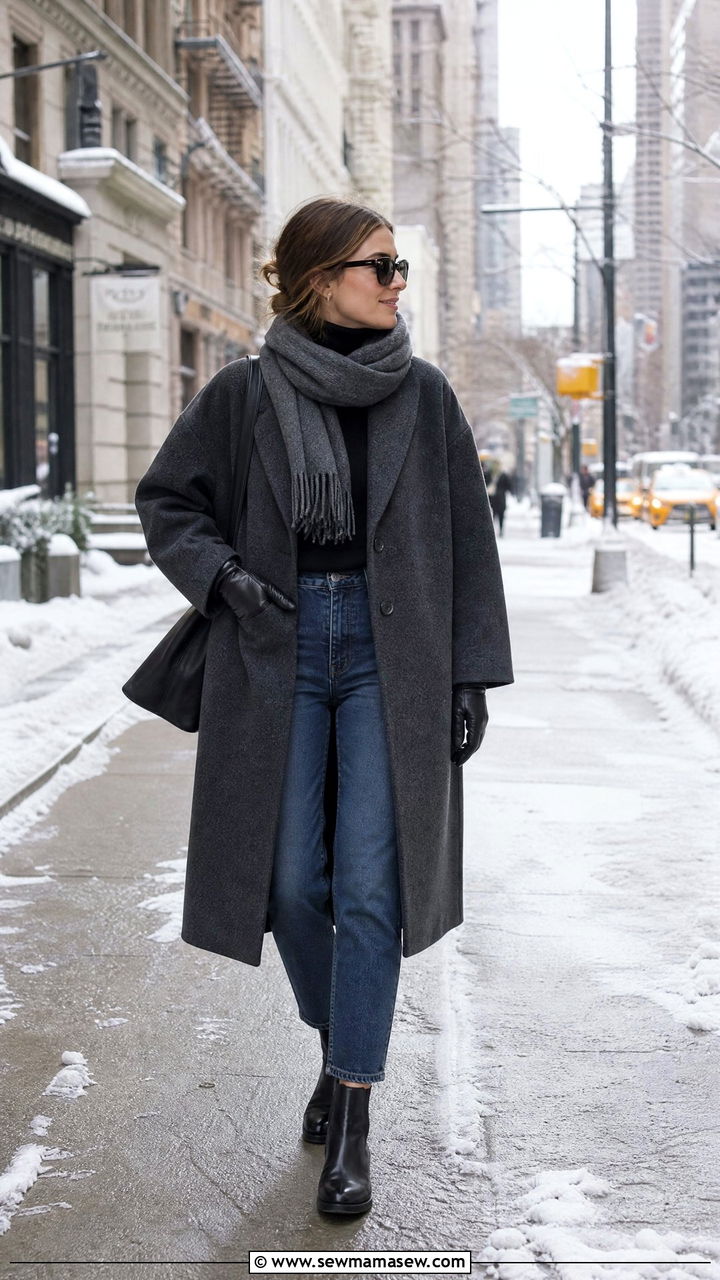 Cocoon coat over turtleneck and ankle jeans - 30 Modest capsule wardrobe 2026