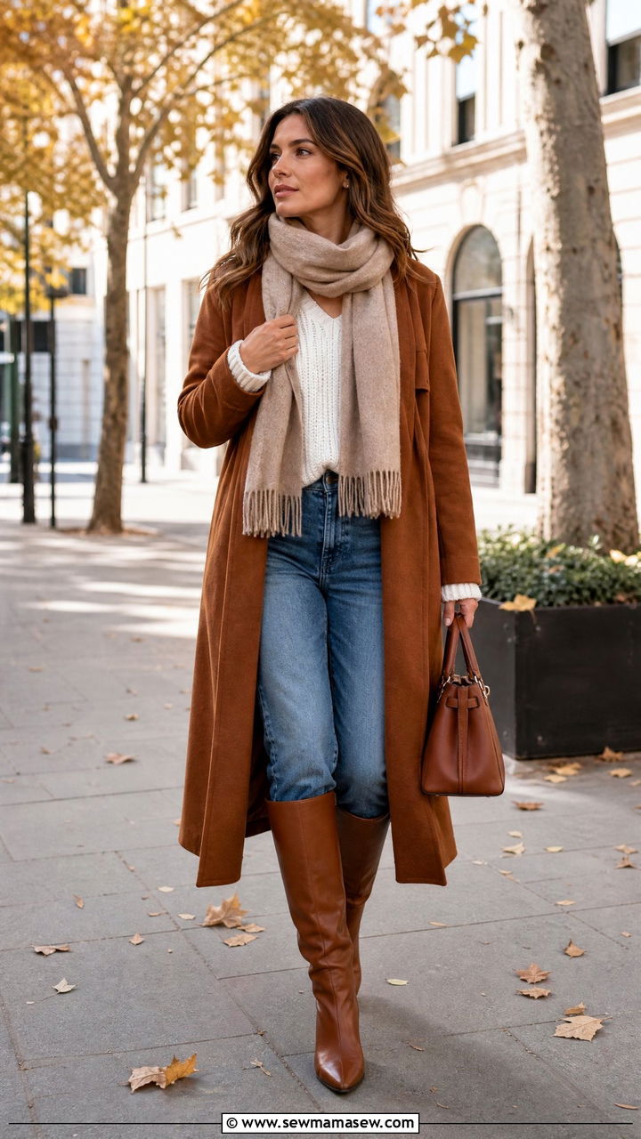Cognac Coat With White Sweater And Jeans Outfit - 30 Cognac outfit ideas