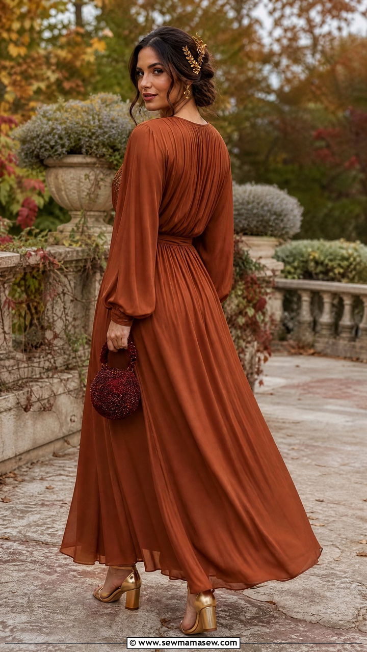 Cognac Maxi Dress For Fall Wedding Outfit - 30 Cognac outfit ideas