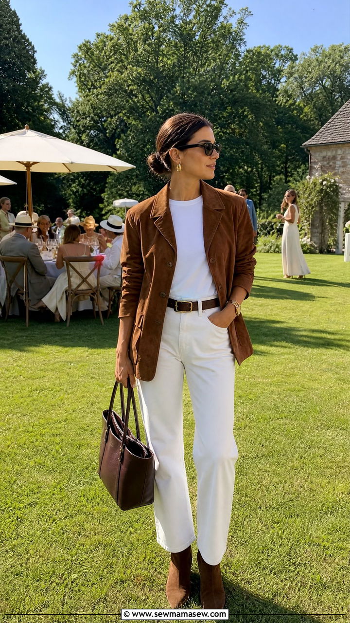 Cognac Suede Jacket Outfit With White Trousers - 25 Old money outfit ideas equestrian