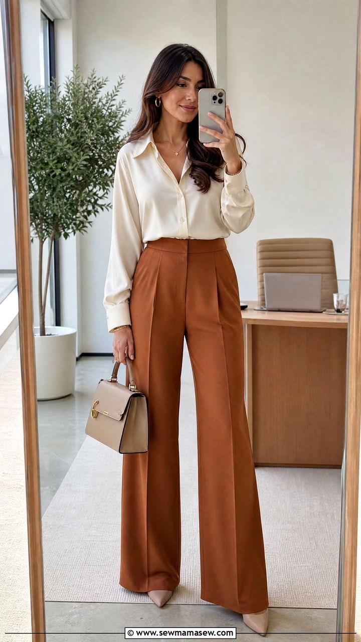 Cognac Trousers With Cream Blouse Outfit - 30 Cognac outfit ideas