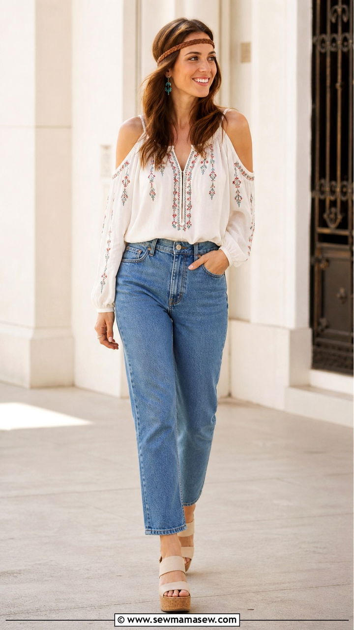 Cold Shoulder Blouse With High Waisted Jeans - 40 boho chic outfits