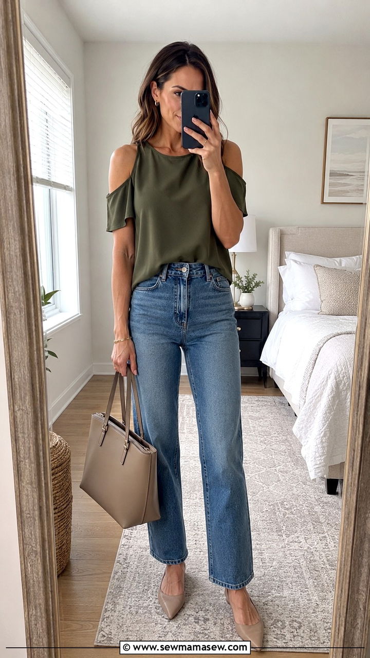 Cold Shoulder Blouse with Straight Leg Jeans Outfit - 25 Outfit ideas for muscular arms