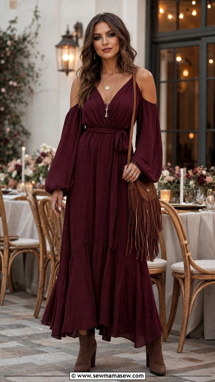 Cold Shoulder Maxi Dress with Fringe Crossbody Bag - 35 Boho wedding guest outfits
