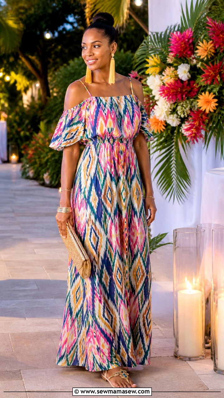 Cold Shoulder Maxi Dress with Tassel Earrings - 40 Jamaica vacation outfit ideas