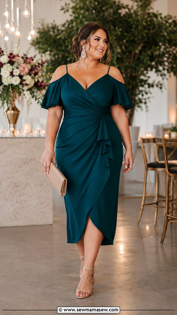 Cold Shoulder Midi Dress With Statement Earrings - 30 plus size spring wedding guest outfit ideas
