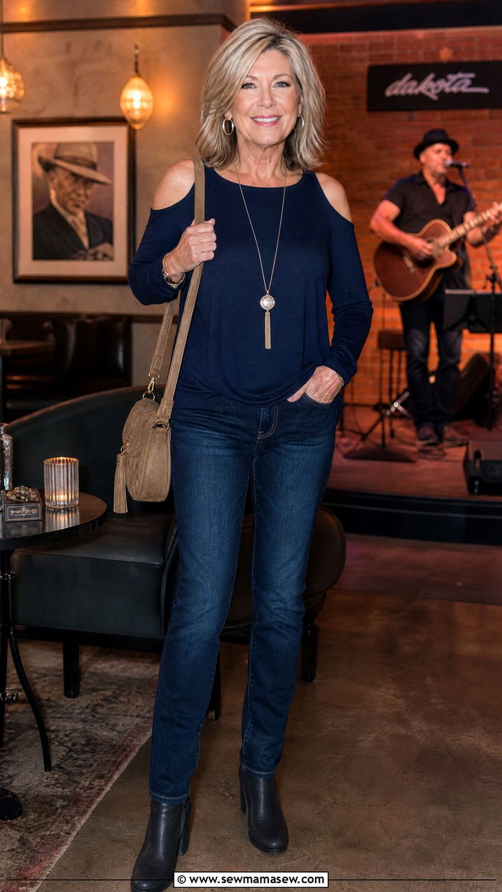 Cold Shoulder Top With Dark Denim - 35 Going out outfit ideas women over 50
