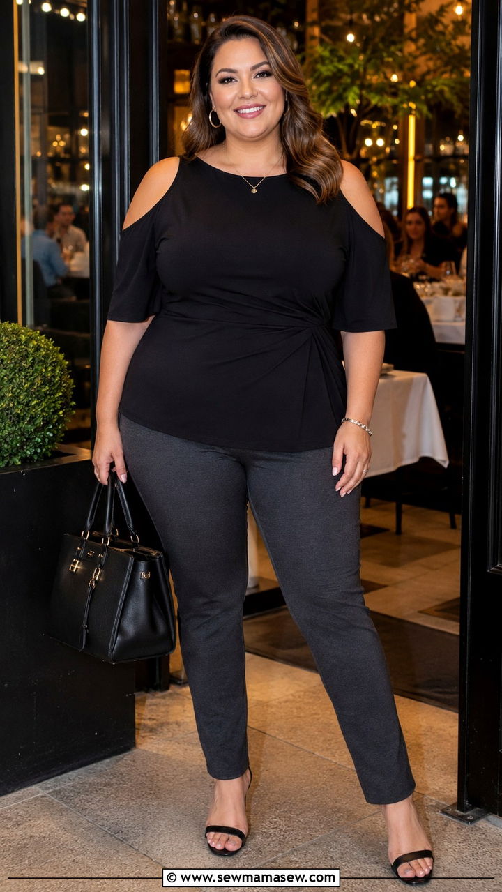 Cold Shoulder Top With Ponte Pants - 25 Outfit ideas for pear shape plus size