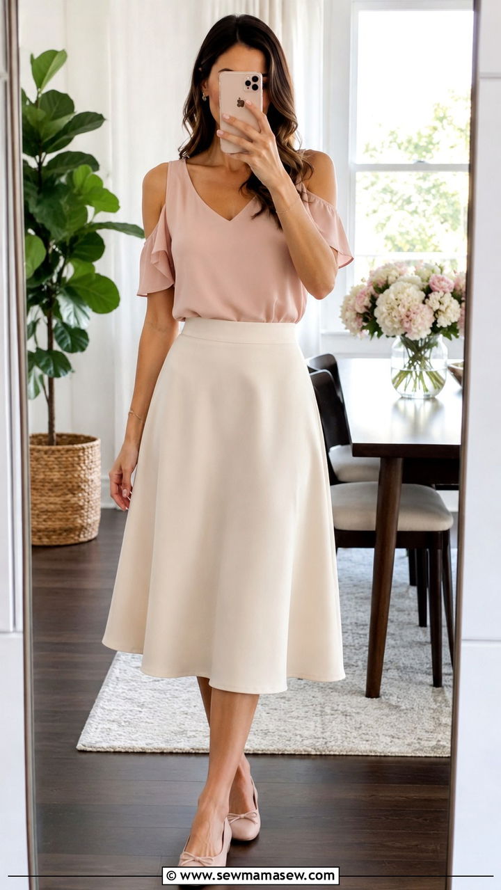 Cold Shoulder Top and A Line Midi Skirt - 30 Outfit ideas for broad shoulders