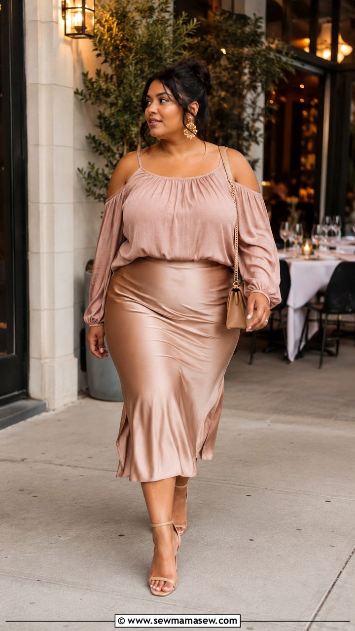 Cold Shoulder Top with Midi Skirt - 30 plus size dinner outfit ideas