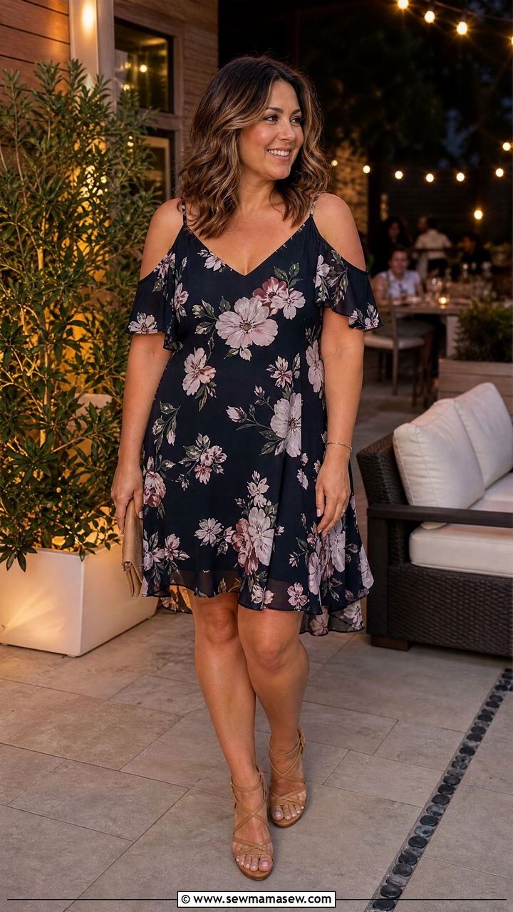 Cold shoulder flowy dress with strappy sandals - 25 Flattering outfits for big arms
