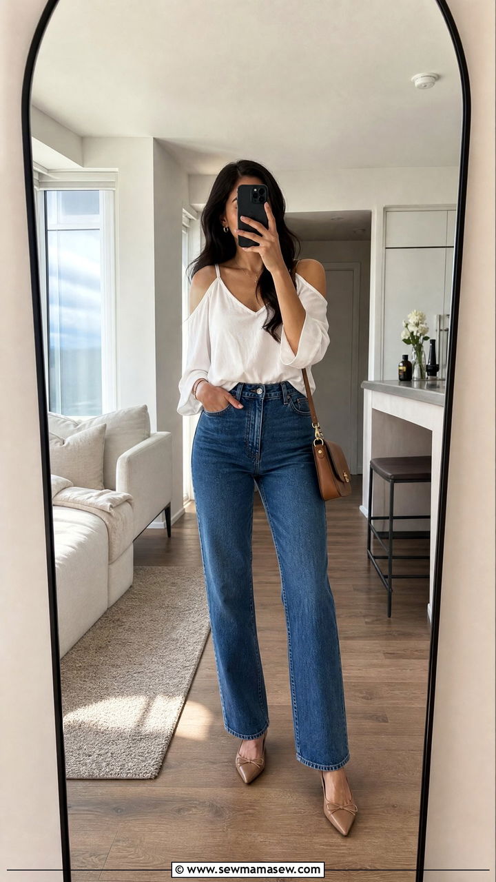 Cold shoulder top with straight leg jeans - 30 Summer outfits for tall women
