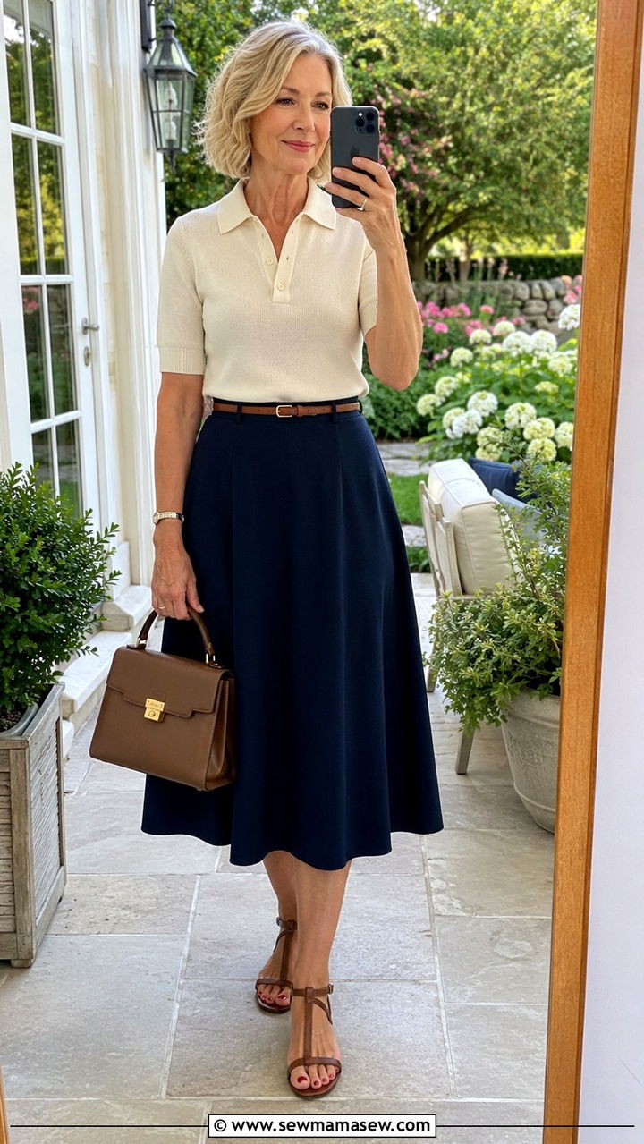 Collared Knit Polo A Line Midi Skirt - 30 Outfit ideas for women over 50 errands