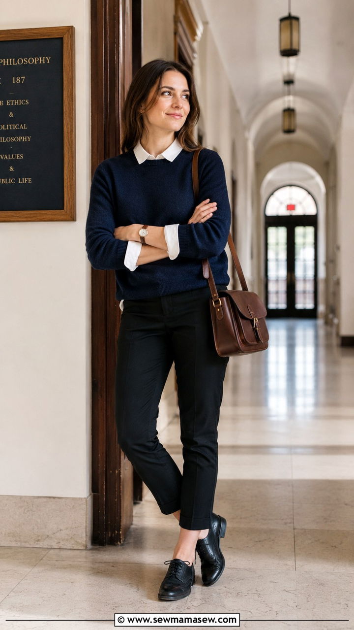 Collared Shirt Under Sweater with Black Pants - 30 business casual outfits ideas
