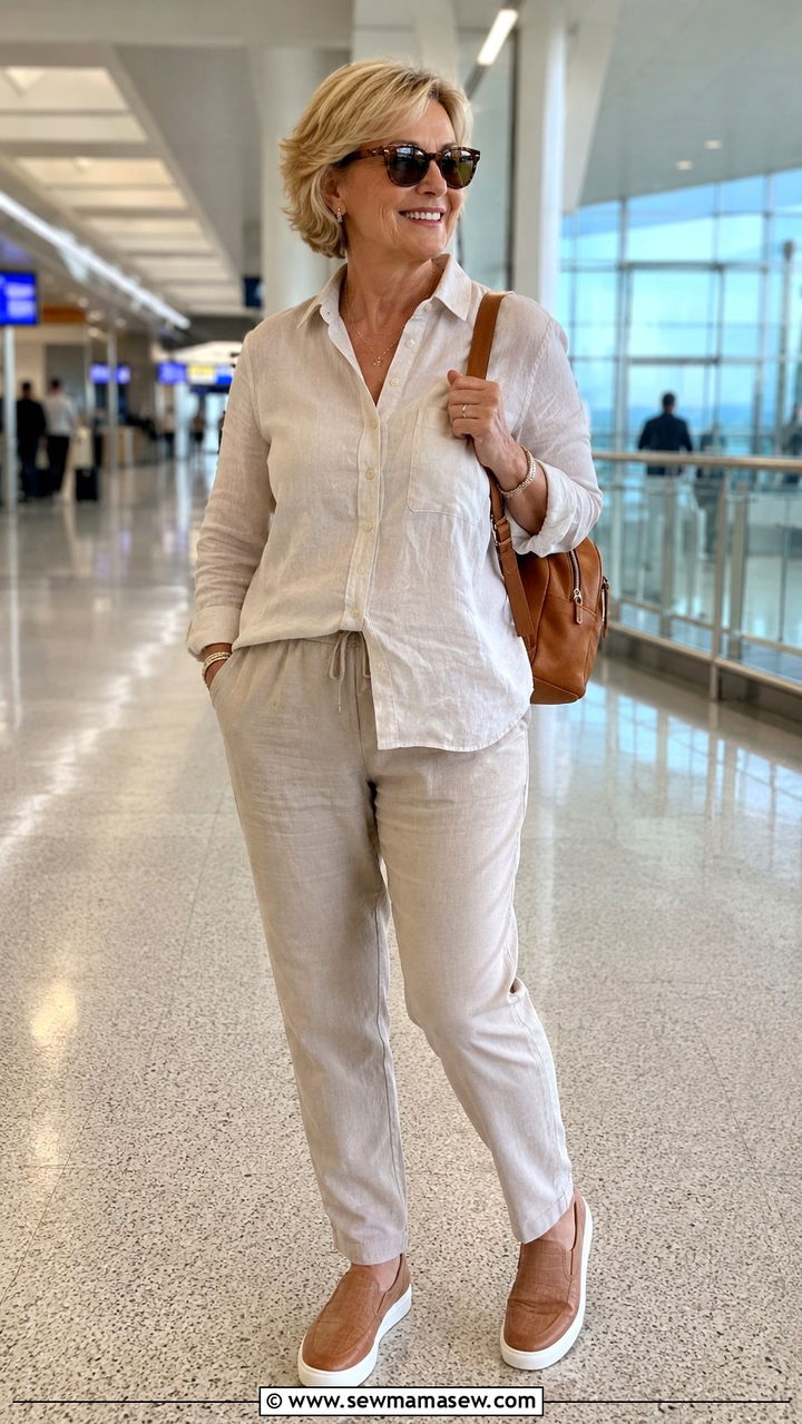 Collared Shirt With Pull On Trousers and Slip On Sneakers Outfit - 25 Midsize outfits for women over 60