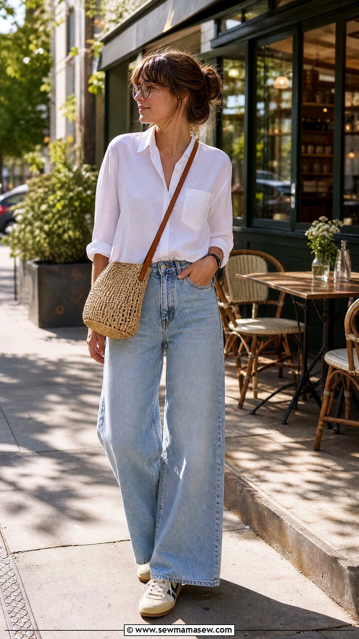 Collared Shirt With Wide Leg Jeans - 35 librarian core outfits