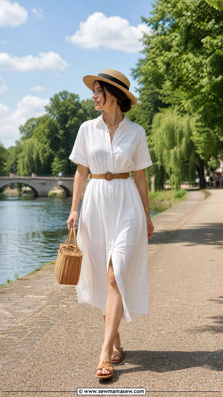 Collared White Shirt Dress With Woven Belt and Straw Boater Hat - 30 summer light academia outfits