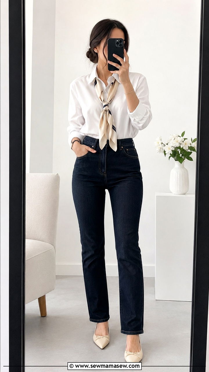 Collared shirt and silk scarf combo - 25 Old money outfit ideas with silk scarf