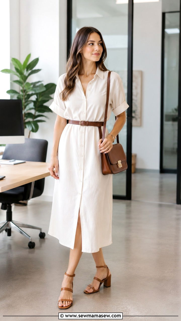 Collared shirt dress with a waist belt and block heels - 25 Recruiter outfit ideas