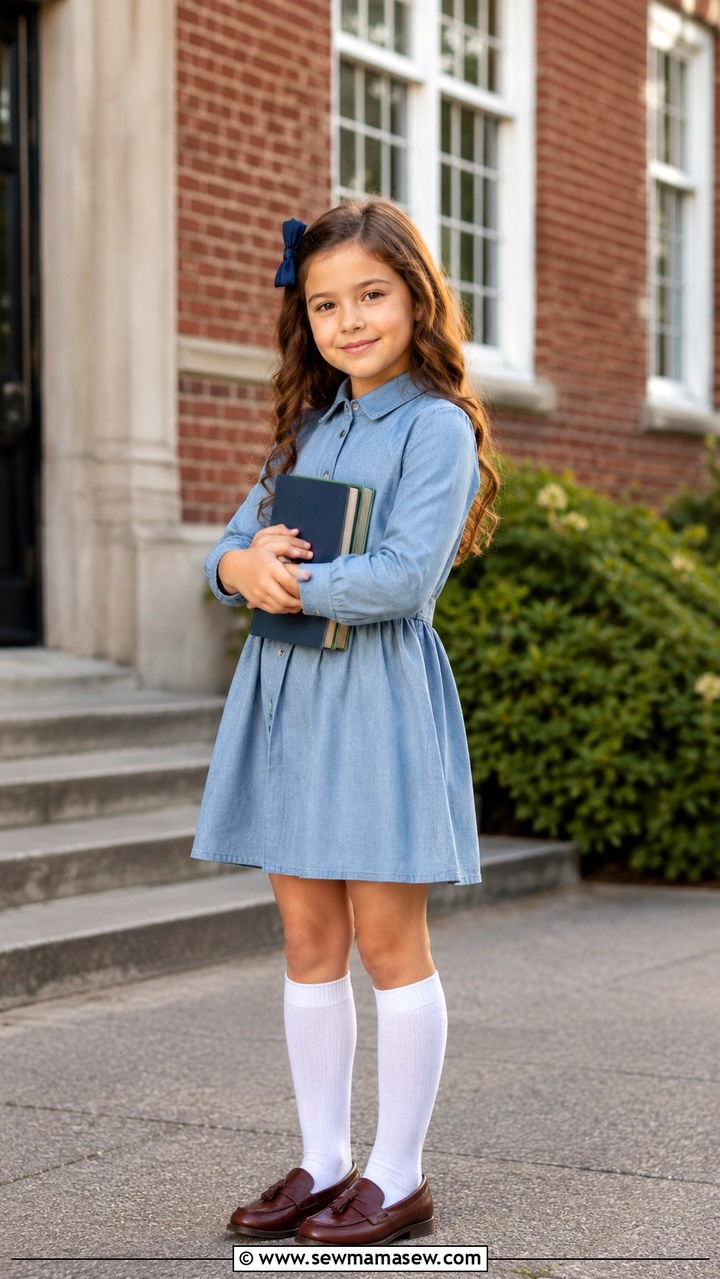 Collared shirt dress with knee high socks outfit - 30 Kids back to school outfit ideas