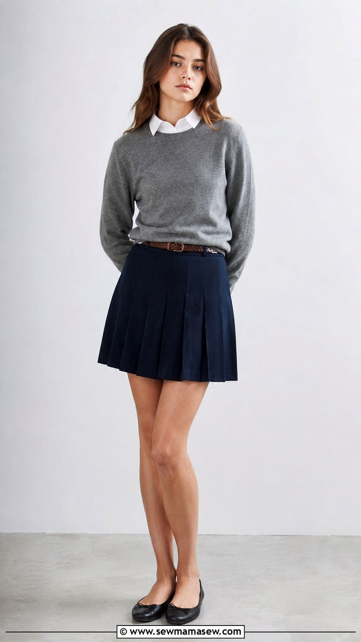 Collared shirt layered under crewneck sweater with pleated skirt outfit - 30 School uniform hacks outfit ideas