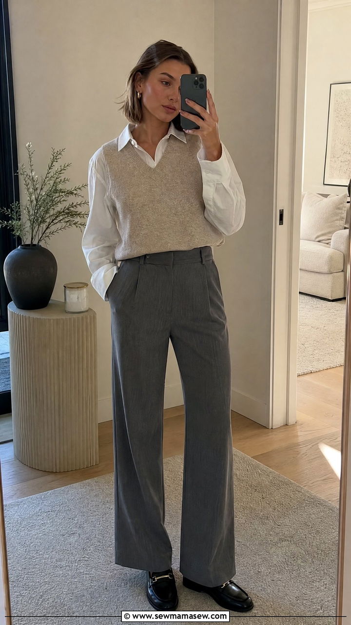 Collared shirt under sweater vest with trousers and loafers - 35 Hailey Bieber spring outfit ideas