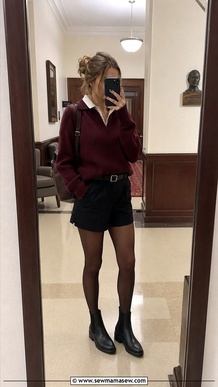 Collared sweater with tailored shorts outfit - 30 Preppy college outfit ideas