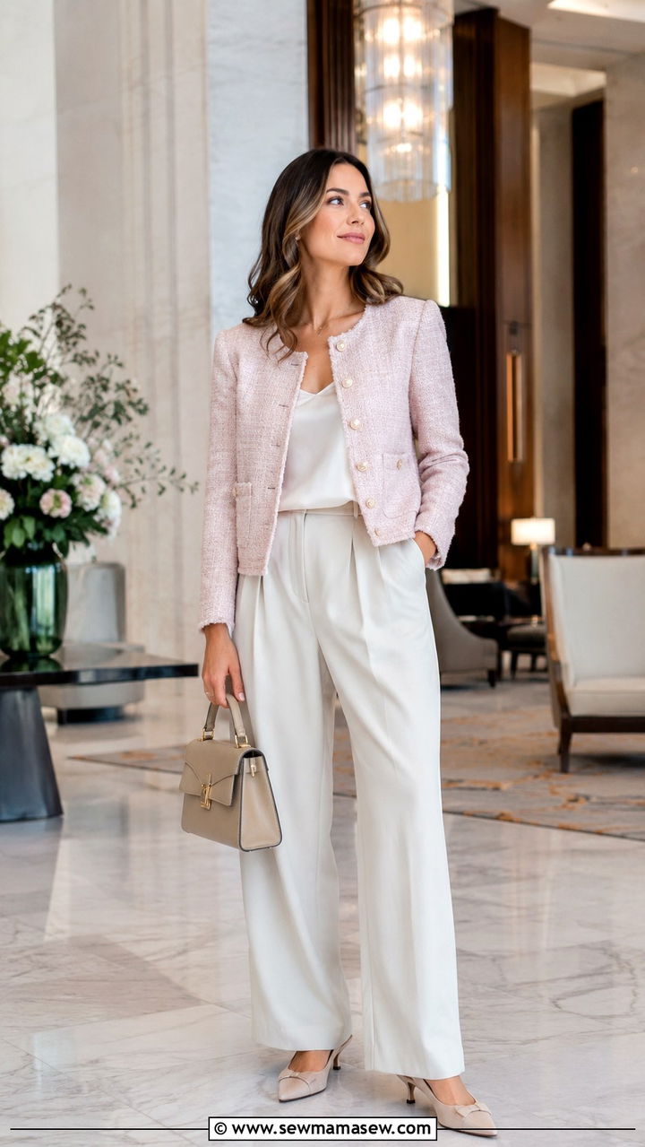 Collarless Blazer With Relaxed Trousers and Kitten Heels - 30 transitional business casual outfits