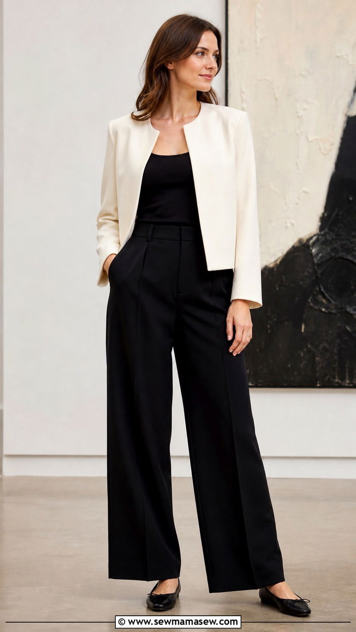Collarless Cream Blazer With Black Trousers And Ballet Flats - 40 casual blazer outfits