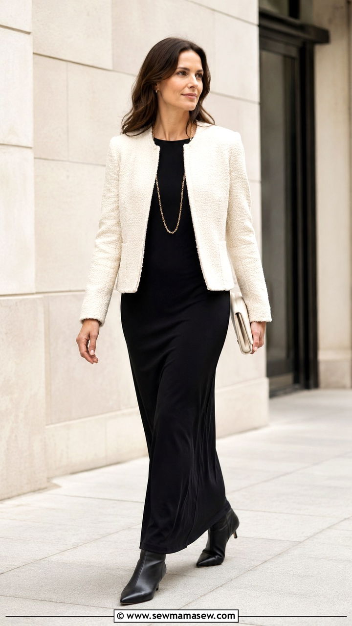 Collarless Jacket Over Column Dress - 30 Outfit ideas for short torso