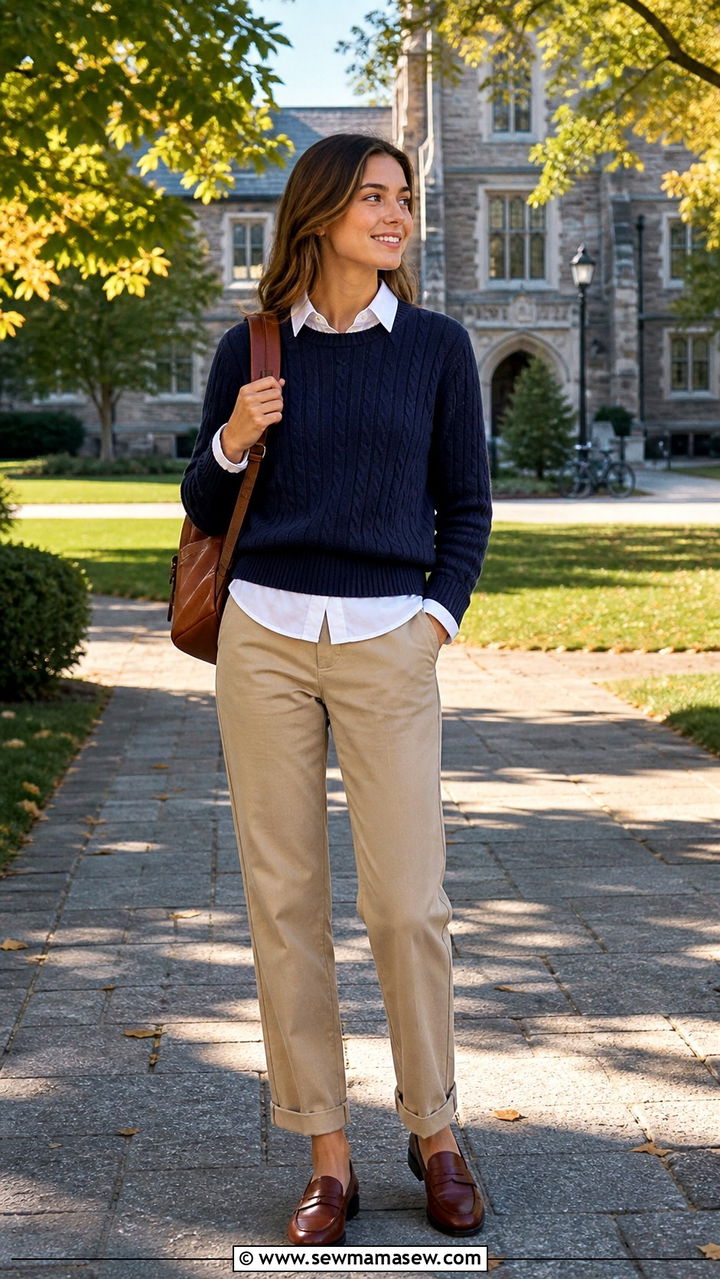 Collegiate Knit Sweater Over a Button Down with Khaki Trousers - 20 August back to school outfit ideas