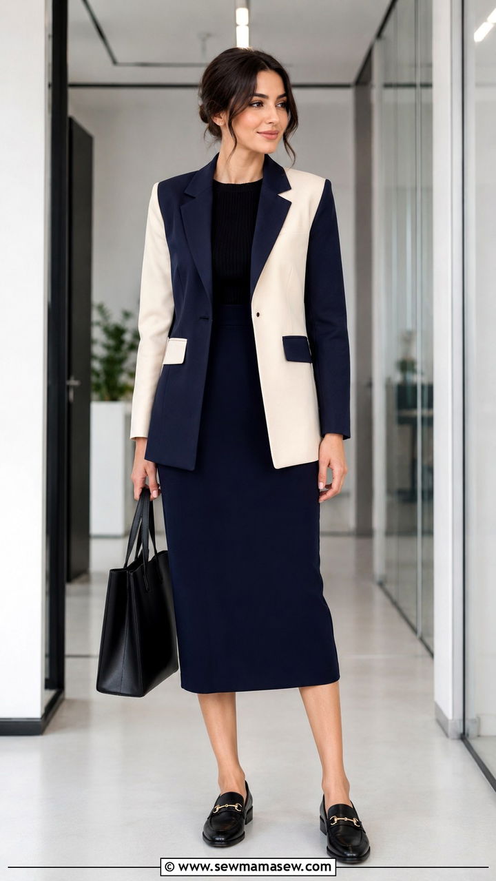 Color Block Blazer With Neutral Midi Skirt Outfit - 30 modest office outfit ideas