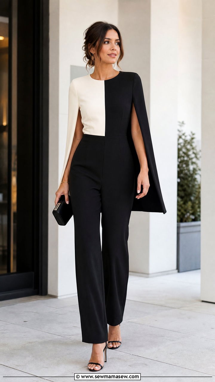 Color Block Cape Sleeve Jumpsuit - 20 Wedding guest outfit ideas with cape sleeves