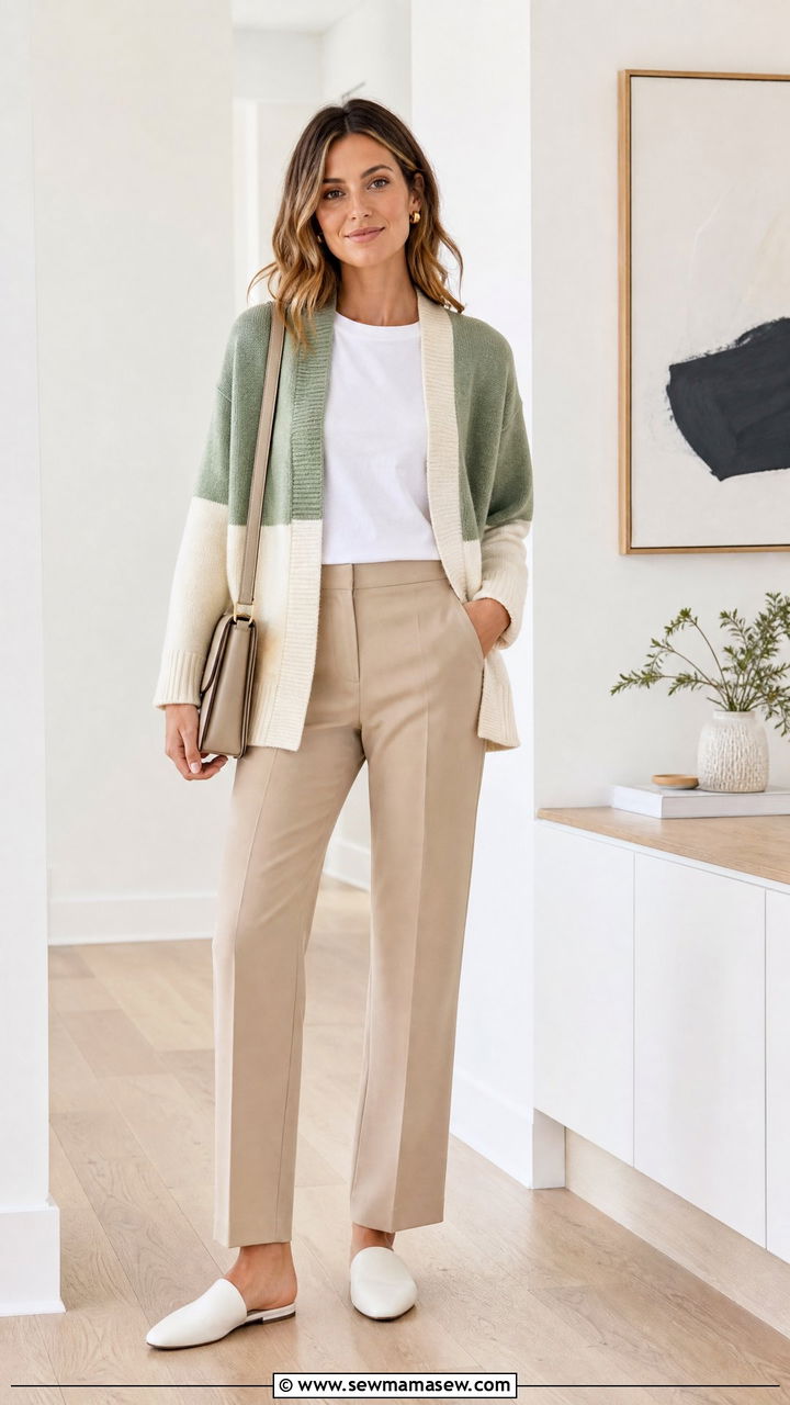 Color Block Cardigan With Neutral Trousers Spring Outfit - 25 How to style a cardigan in spring